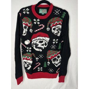 Ugly Christmas Sweater Santa Skull Holiday Sweater Mens Small Black Red